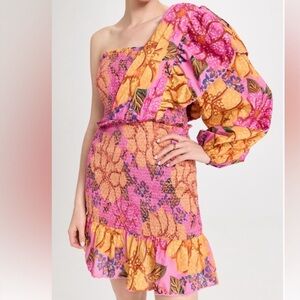 FARM RIO Orange One-Sleeve Shirred Floral- Print Cotton-Voile Mini Dress
#130